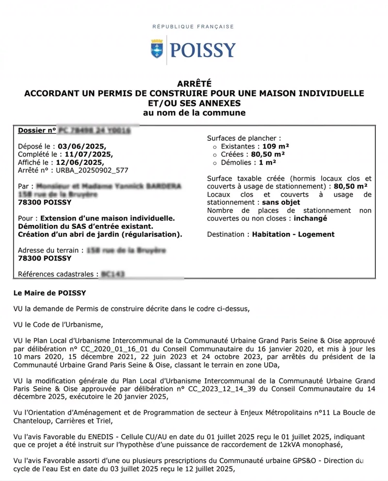 Arrêté de Permis de Construire délivré par la commune de Poissy pour une extension de maison individuelle