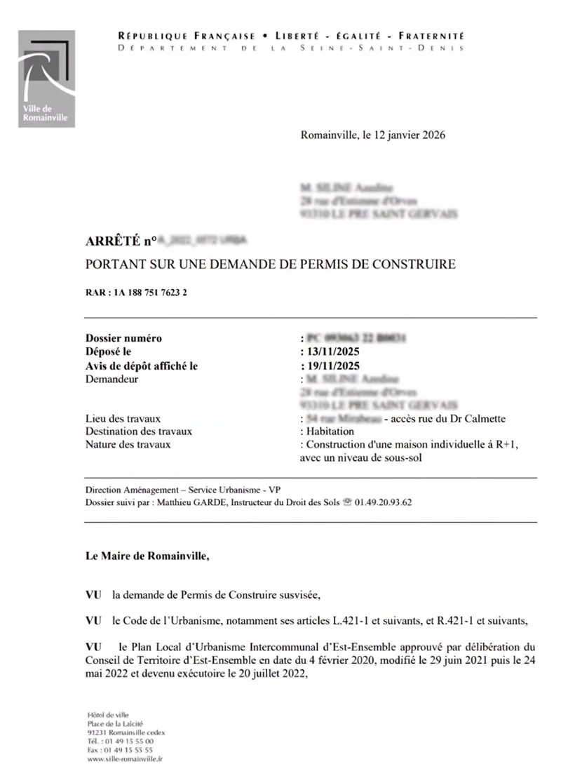 Arrêté de Permis de Construire délivré par la ville de Romainville pour une maison individuelle à R+1 avec sous-sol