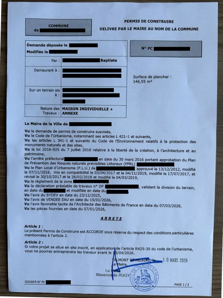 Arrêté de Permis de Construire délivré par la commune de Talmont-Saint-Hilaire pour une maison individuelle et annexe