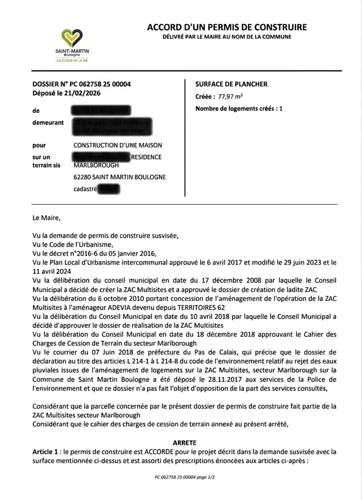 Arrêté de Permis de Construire délivré par la commune de Saint-Martin-Boulogne pour une construction de maison
