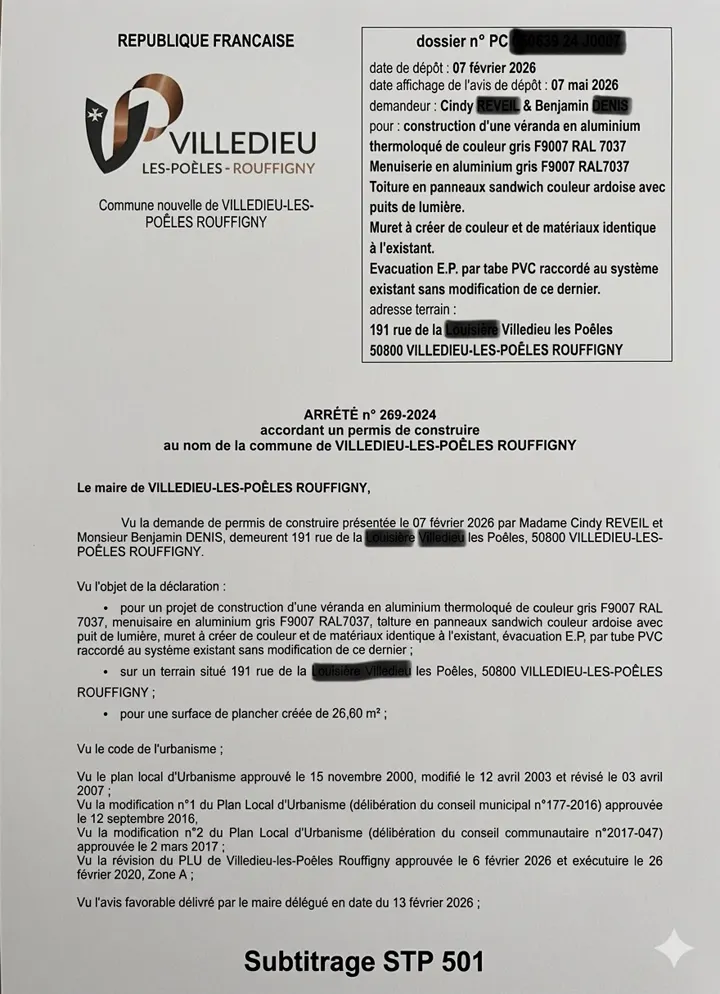 Arrêté de Permis de Construire délivré par la commune de Villedieu-les-Poêles-Rouffigny pour une véranda en aluminium