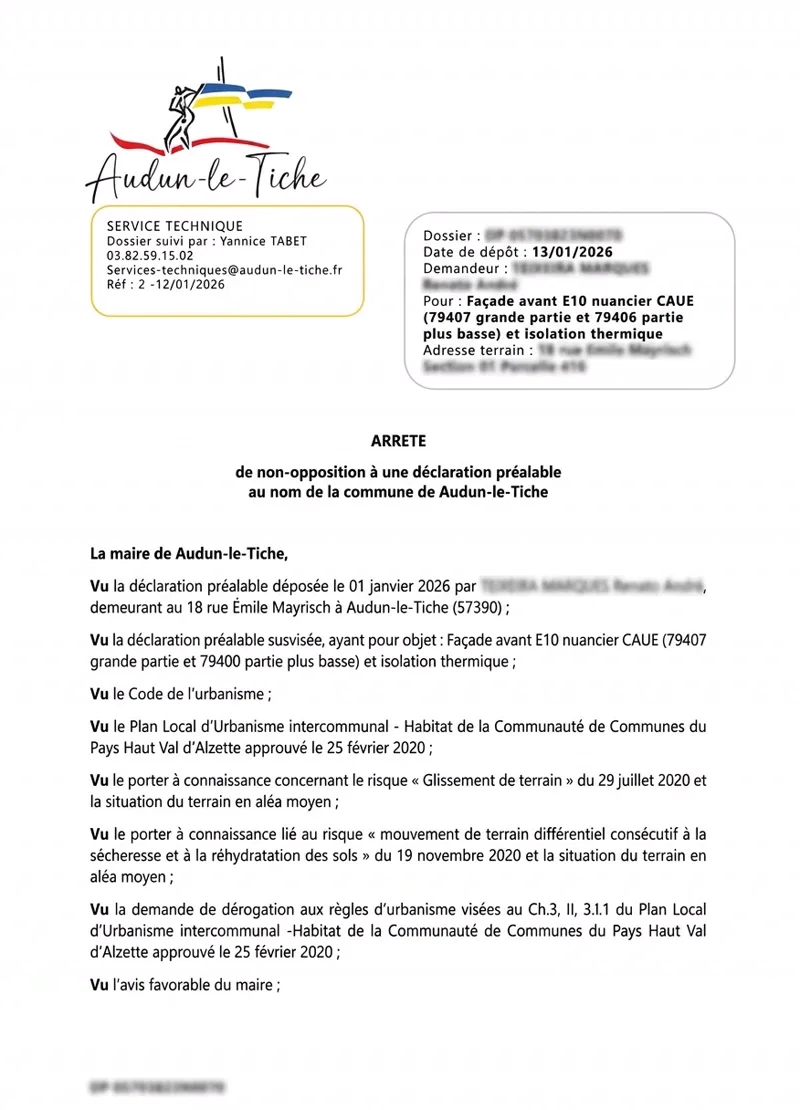 Arrêté de non-opposition à Déclaration Préalable délivré par la commune d'Audun-le-Tiche pour une rénovation de façade et isolation thermique